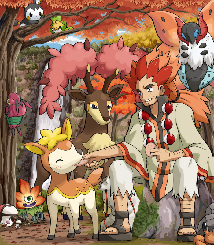 10s 1boy alder_(pokemon) autumn deerling deerling_(autumn) dragon_quest dragon_quest_ix dwebble emolga feeding foongus gen_5_pokemon leafy_larrikin level-5 male_focus nintendo odd_one_out pokemoa pokemon pokemon_(creature) pokemon_bw sawsbuck sawsbuck_(autumn) sewaddle sitting tree venipede volcarona