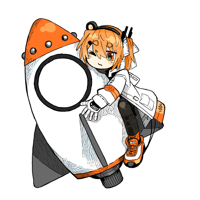 1girl a.i._voice adachi_rei black_pantyhose blush cheek_press closed_mouth frown full_body gloves hair_ribbon headlamp jacket long_sleeves looking_at_viewer one_eye_closed one_side_up orange_eyes orange_hair pantyhose radio_antenna ribbon riding rocket_ship shoes simple_background sneakers solo spacecraft subaru_namisaki thick_eyebrows utau white_background white_gloves white_jacket white_ribbon