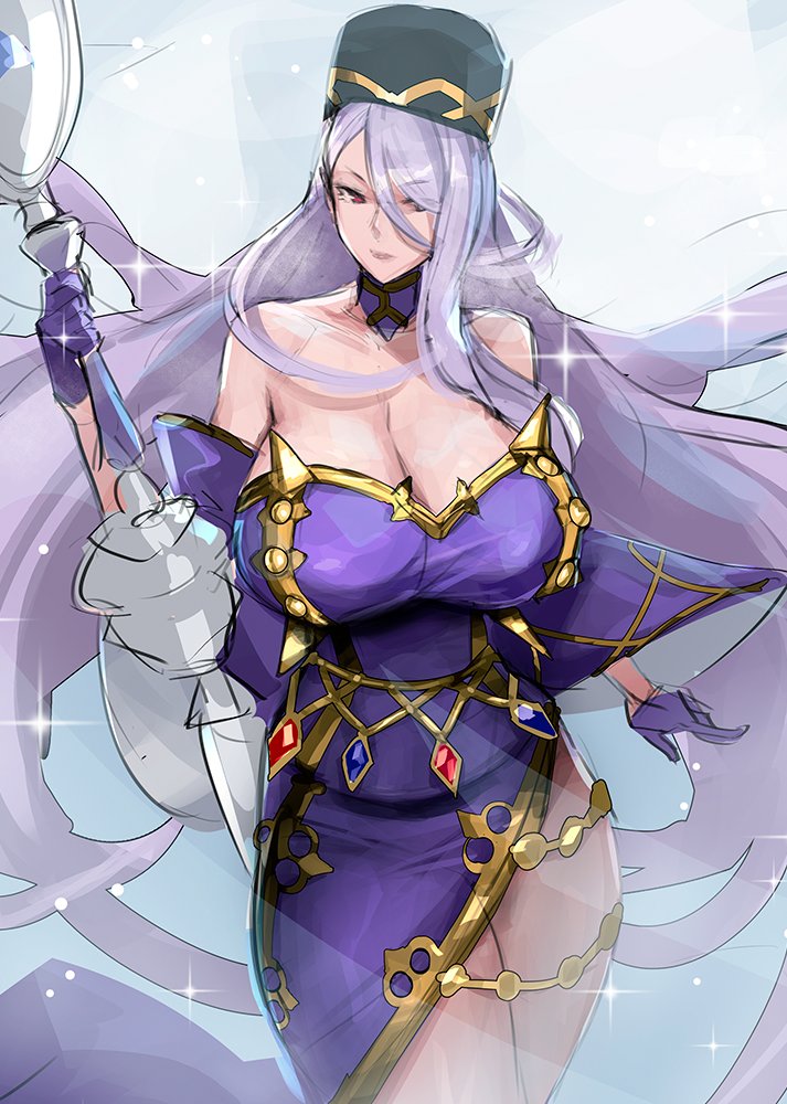 breasts cleavage crymaria_levin curvy detached_collar dress eu03 gems gloves hat huge_breasts long_hair purple_dress purple_hair red_eyes senjou_no_valkyria_(series) sketch staff thick_thighs thighs
