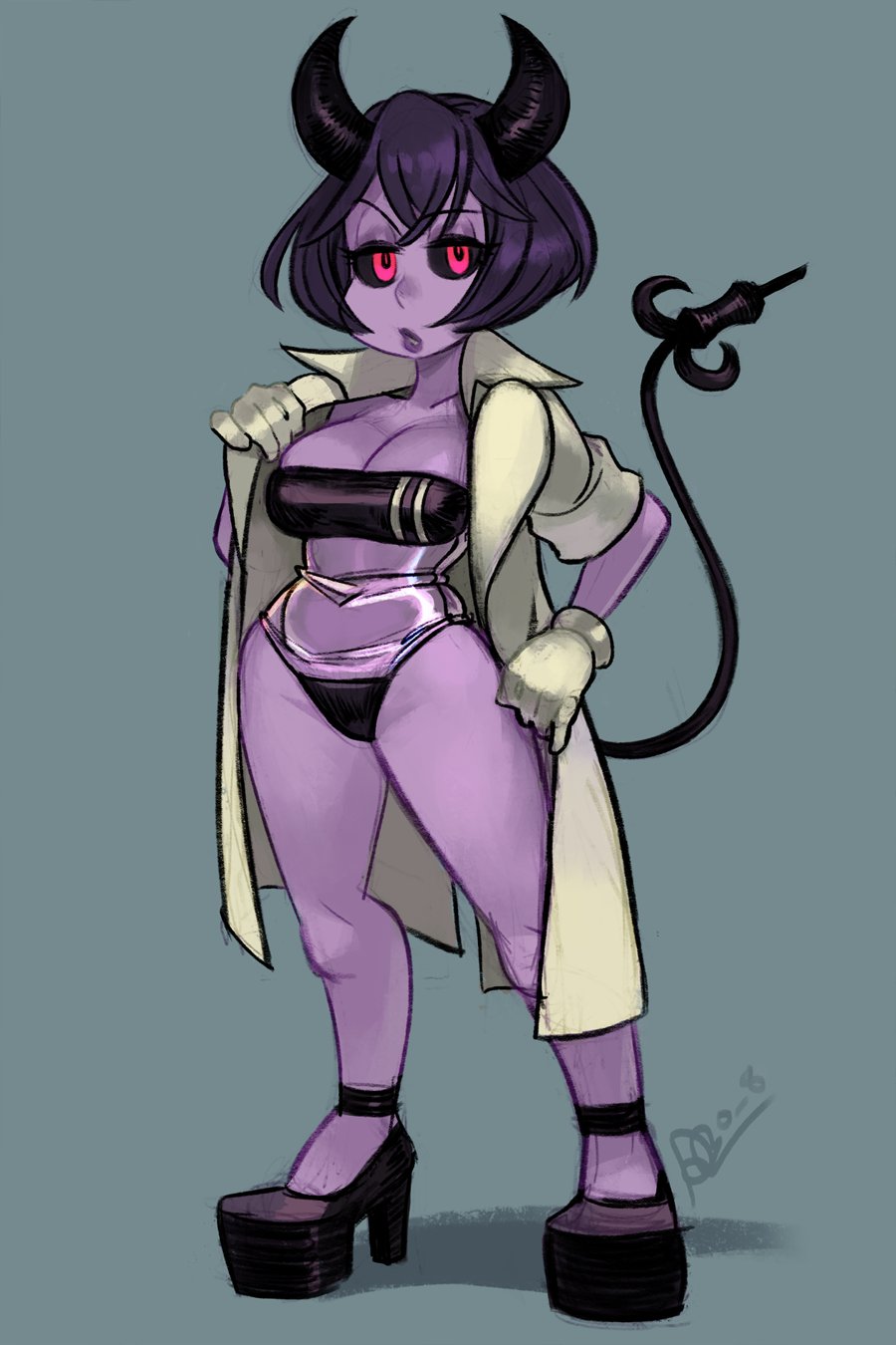 alex_ahad demon_girl dr._bedsyde gloves gris_swimsuit high_heels highres horns lab_coat latex latex_gloves meme_attire sword_slime syringe tail