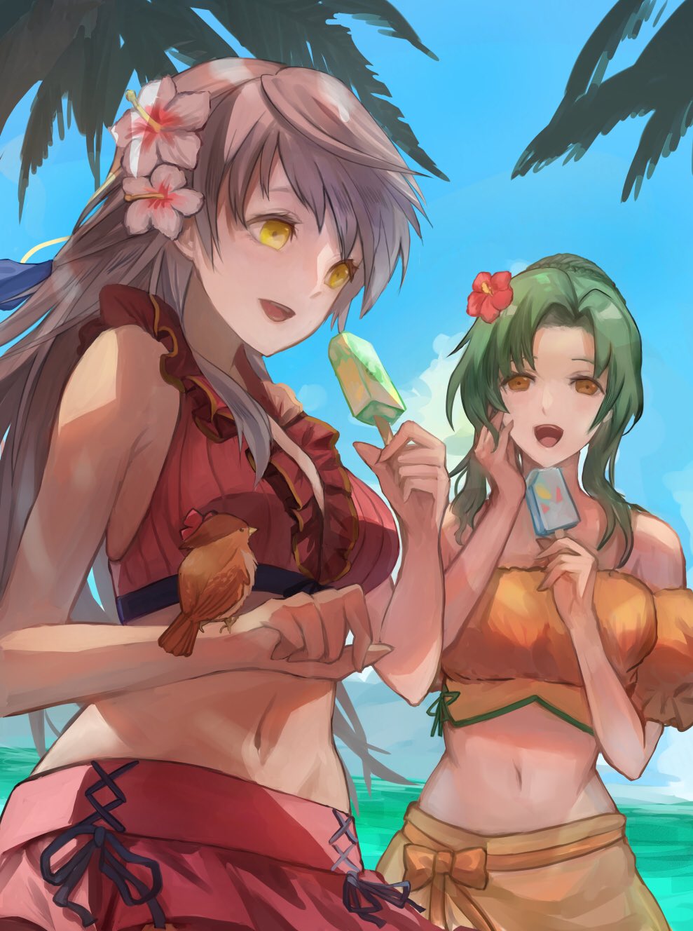 2girls :d bare_shoulders bikini bird bird_on_hand brown_eyes elincia_ridell_crimea elincia_ridell_crimea_(summer) fire_emblem fire_emblem:_radiant_dawn fire_emblem_heroes flower food front-tie_top green_hair grey_hair groin hair_flower hair_ornament hair_ribbon half_updo hand_on_own_cheek hand_on_own_face highres ice_cream long_hair mai_yukari micaiah_(fire_emblem) micaiah_(wavecrest_maiden)_(fire_emblem) multicolored_flower multiple_girls navel nintendo off-shoulder_bikini off_shoulder official_alternate_costume open_mouth plumeria red_bikini ribbon smile swimsuit yellow_eyes