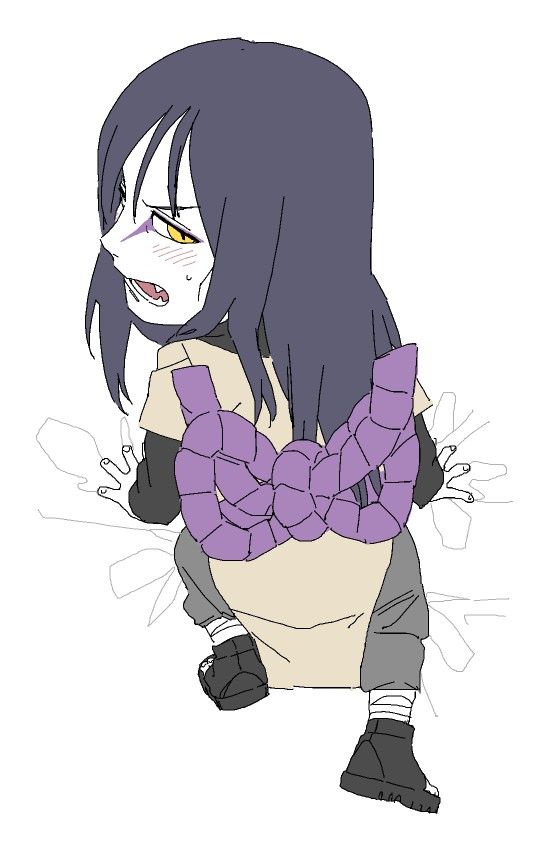 annoyed ass bandaged_leg bandages black_hair blush chibi climbing embarrassed eyeliner fang furrowed_brow grey_pants kutuyatti layered_sleeves long_hair long_sleeves looking_back makeup naruto_(series) naruto_shippuuden open_mouth orochimaru_(naruto) pale_skin pants rope_belt short_over_long_sleeves short_sleeves simple_background slit_pupils sunken_cheeks sweatdrop yellow_eyes