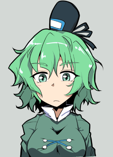 1girl black_hat closed_mouth cross-laced_clothes green_eyes green_hair grey_background hat looking_at_viewer midori_niku ofuda ofuda_on_clothes simple_background soga_no_tojiko solo tate_eboshi touhou upper_body