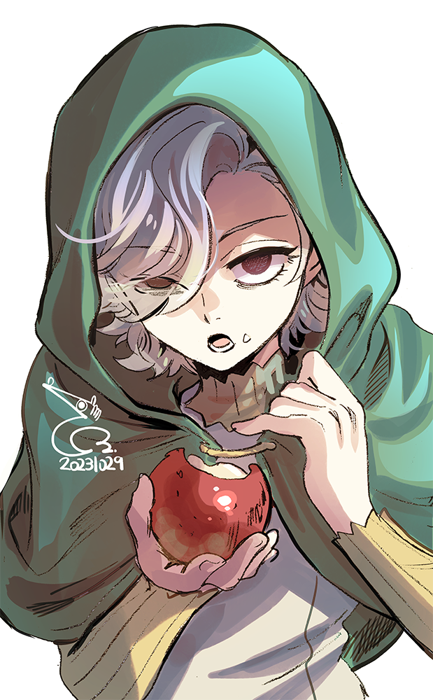 1boy apple bae_(baebae) bags_under_eyes black_eyes cloak dungeon_meshi eating elf food food_on_face fruit gorget green_cloak green_shirt grey_hair holding holding_food holding_fruit hood hood_up hooded_cloak lazy_eye long_sleeves looking_at_viewer male_focus mithrun notched_ear pointy_ears shirt short_hair simple_background solo tunic uneven_eyes upper_body wavy_hair white_background