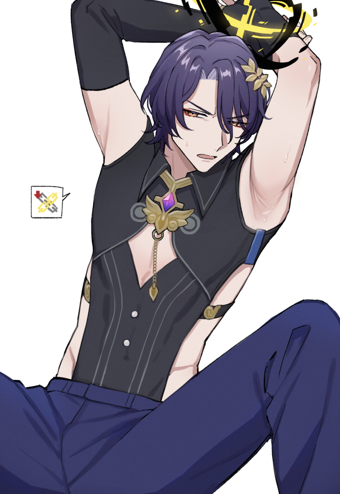 1boy annoyed armpits arms_up black_shirt blue_hair blue_pants brooch chain cleavage_cutout clothing_cutout collared_shirt dr._ratio_(honkai:_star_rail) elbow_gloves gloves hair_ornament honkai:_star_rail honkai_(series) imprisonment_(honkai:_star_rail) jewelry leaf_hair_ornament male_focus naname13 open_mouth pants restrained shirt short_hair side_cutout simple_background single_bare_arm single_elbow_glove solo sweat v-shaped_eyebrows white_background