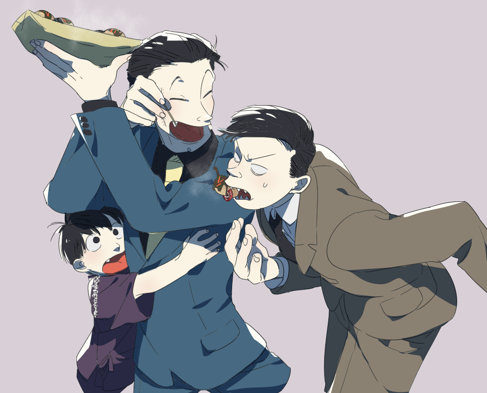 3boys alternate_costume black_hair blank_eyes blue_suit brown_suit fang feeding food formal_clothes male_focus matsuno_osomatsu multiple_boys ojima_(ojimadou) osomatsu-kun osomatsu_(series) reach-around sharp_teeth smile suit sweatdrop takoyaki takoyaki_pan teeth tetsu_the_killer_(osomatsu-kun) tougou_(osomatsu-kun)