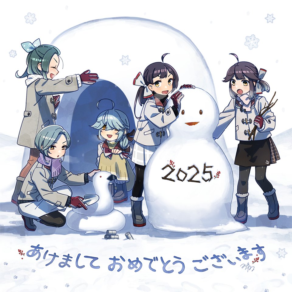 2025 5girls ahoge aqua_bow boots bow coat cut_bangs fujikawa fujinami_(kancolle) gradient_hair hair_over_eyes hair_ribbon hamanami_(kancolle) happy_new_year hayanami_(kancolle) igloo kantai_collection multicolored_hair multiple_girls new_year official_art ponytail purple_hair ribbon second-party_source smile snow snow_shelter snowman suzunami_(kancolle) tamanami_(kancolle) white_coat yellow_eyes