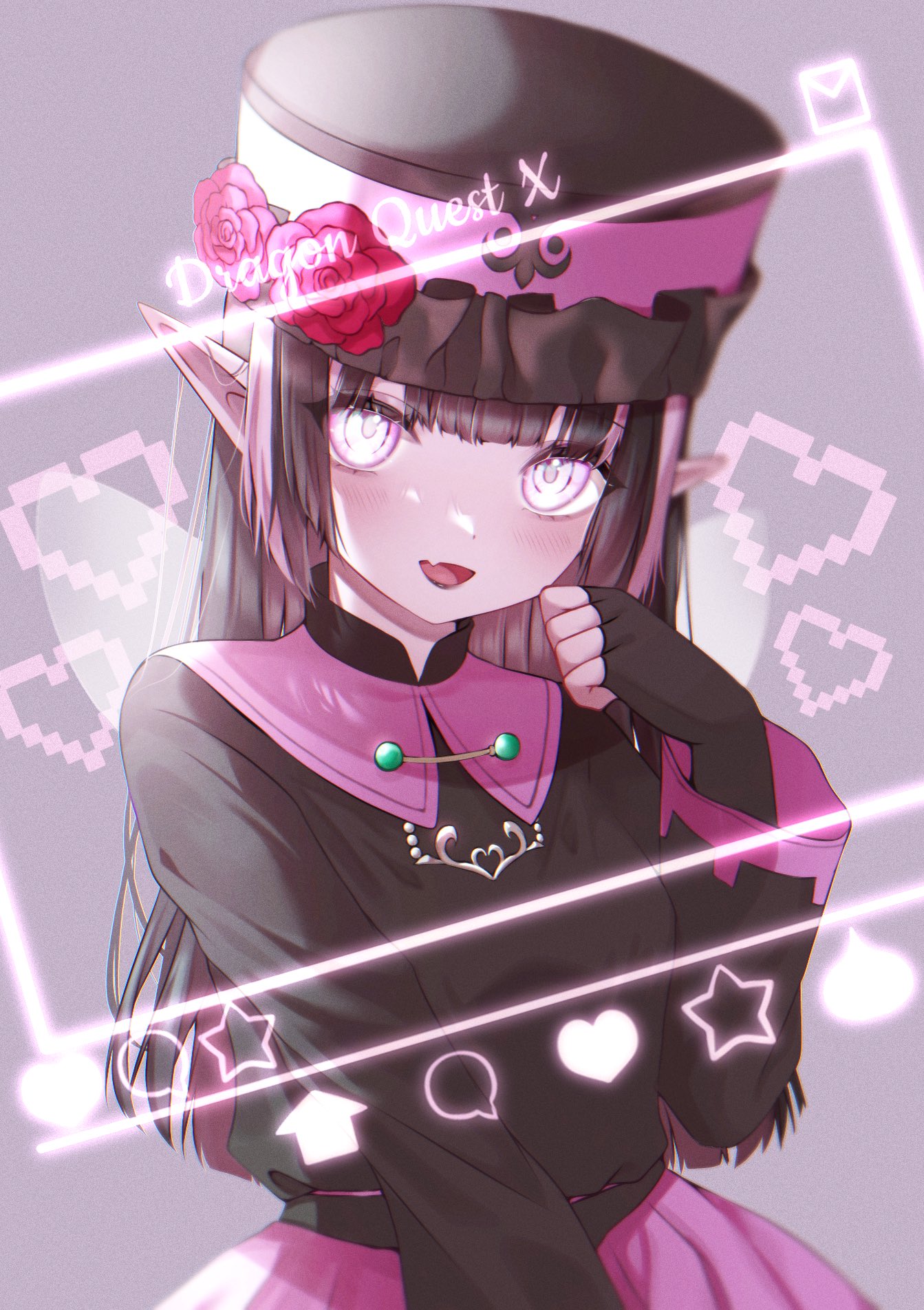 1girl black_gloves black_hair black_lips black_shirt blunt_bangs blurry colored_skin commentary_request copyright_name depth_of_field dragon_quest dragon_quest_x elf_(dq10) fairy_wings fang film_grain fingerless_gloves flower gloves grey_background hat hat_flower head_tilt heart heroine_(dq10) highres long_hair looking_at_viewer multicolored_hair nikon_(user_aznh7528) open_mouth pink_eyes pink_hair pink_skin pink_skirt pixel_heart pointy_ears red_flower red_rose rose shirt skin_fang skirt slime_(dragon_quest) solo star_(symbol) upper_body wings