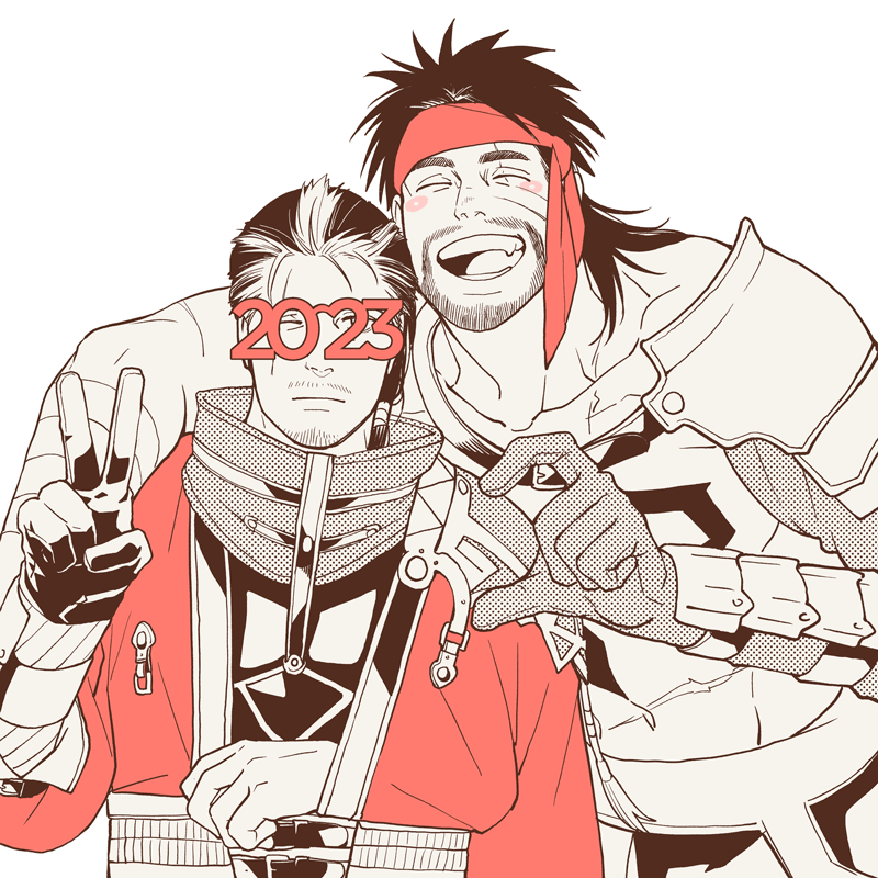 2boys 4100 alternate_eyewear arm_around_shoulder arm_sling armor auron black_hair blush chest_tattoo closed_mouth facial_hair final_fantasy final_fantasy_x gloves headband heart_hands_failure japanese_clothes jecht long_hair male_focus mature_male multicolored_hair multiple_boys muscular novelty_glasses one_eye_closed open_mouth partially_colored scar scar_across_eye scar_on_face shoulder_armor simple_background smile tattoo topless_male two-tone_hair v