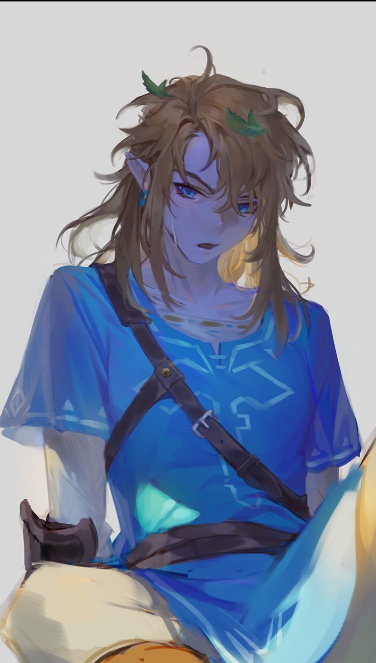1boy aepori belt blonde_hair blue_eyes blue_shirt cropped_legs elf highres link long_hair male_focus nintendo pointy_ears shadow shirt sitting solo the_legend_of_zelda the_legend_of_zelda:_breath_of_the_wild white_background