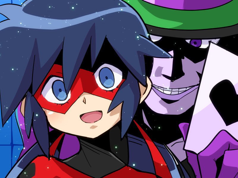 1boy 1girl blue_eyes blue_hair card corruption dark_persona domino_mask empty_eyes hitsugi_mc holding holding_card hypnosis ladybug_(character) looking_at_viewer marinette_dupain-cheng mask mind_control miraculous_ladybug purple_eyes