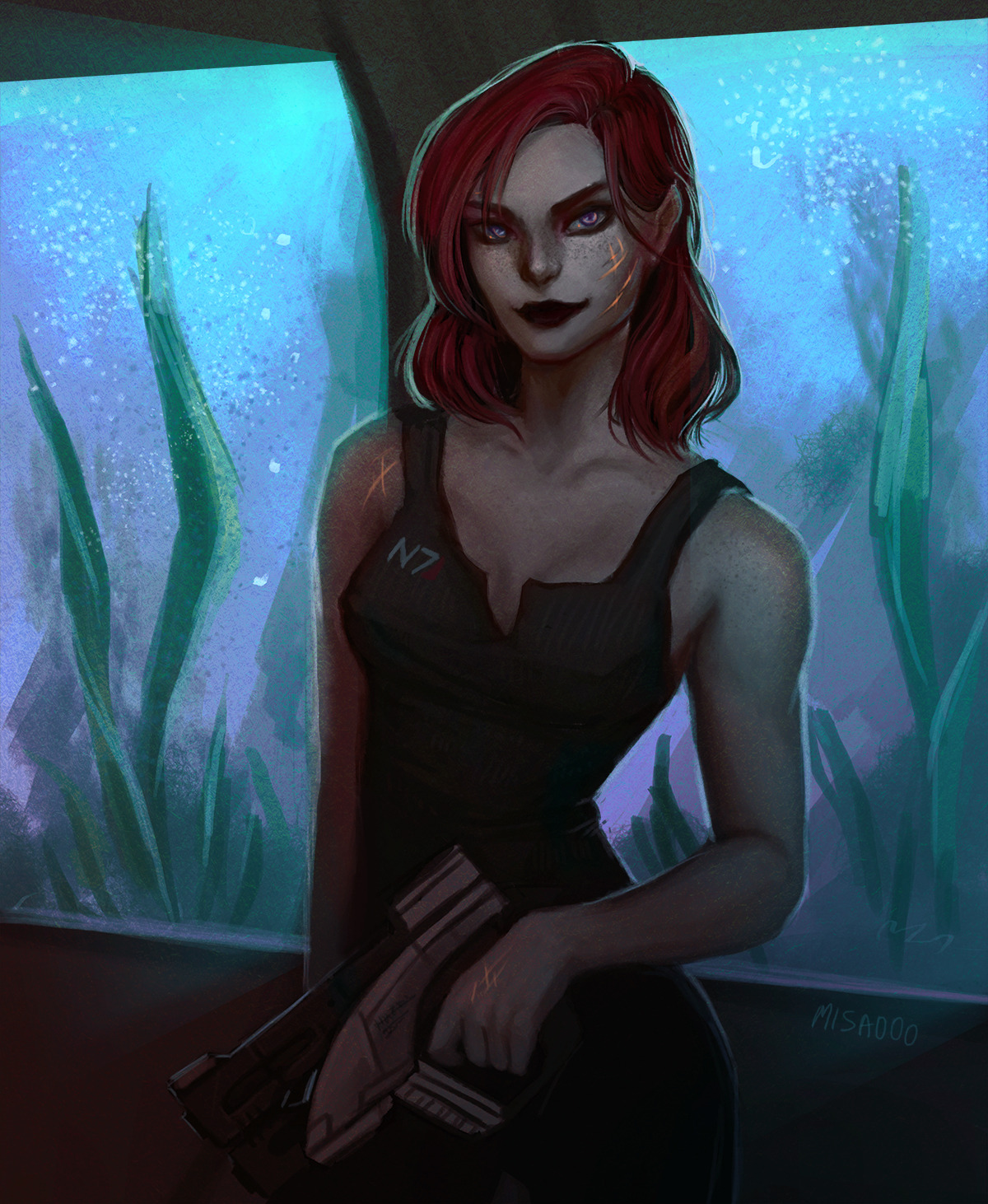black_dress breasts commander_shepard commander_shepard_(female) dress fish_tank fun gun highres holding holding_gun holding_weapon mass_effect_(series) medium_breasts medium_hair misaoooart official_alternate_costume red_hair scar scar_on_face seaweed tumblr weapon