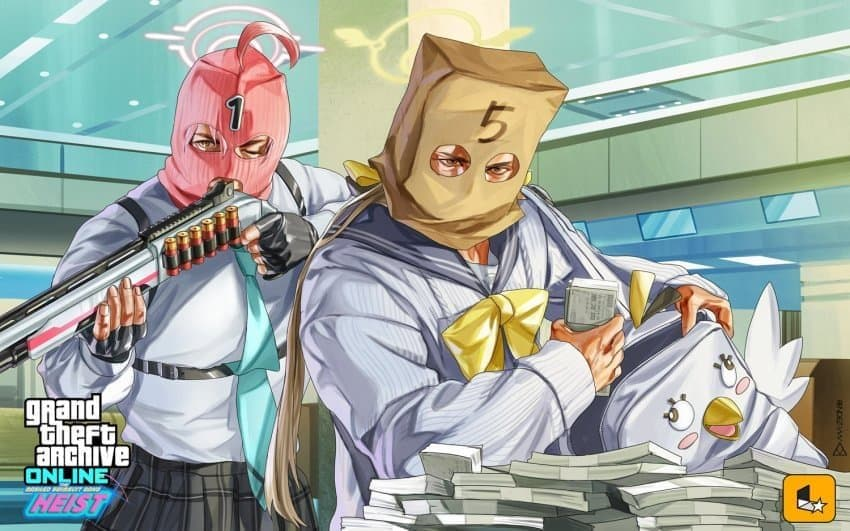 2girls ahoge aiming aqua_necktie backpack bag bank banknote beretta_1301 black_gloves black_skirt blue_archive bow bowtie brown_hair cardigan chest_harness faust_(blue_archive) fingerless_gloves gloves grand_theft_auto grand_theft_auto_v gun halo harness hifumi_(blue_archive) holding holding_gun holding_weapon hoshino_(blue_archive) logo long_sleeves m1a1carbine mask money multiple_girls muscular muscular_female necktie one_eye_closed paper_bag parody pink_hair plaid_clothes plaid_skirt pleated_skirt robbery school_uniform serafuku shirt skirt style_parody weapon white_cardigan white_shirt yellow_bow yellow_bowtie