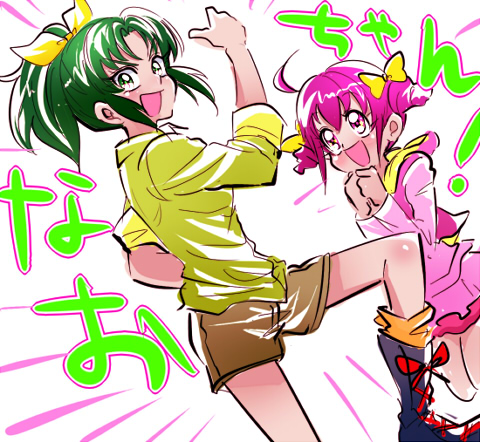 10s 2girls :d biho_(tsuinku) bow cone_hair_bun double_bun green_eyes green_hair green_shirt hair_bow hair_bun high_ponytail hoshizora_miyuki lowres midorikawa_nao multiple_girls open_mouth own_hands_together pink_eyes pink_hair pink_skirt ponytail precure shirt shoes short_hair shorts skirt smile smile_precure!