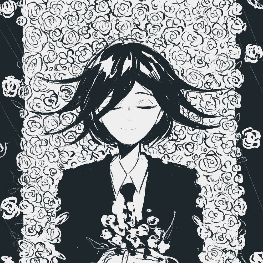 1boy bed_of_roses black_hair bouquet closed_eyes closed_mouth collared_shirt commentary danganronpa_(series) danganronpa_v3:_killing_harmony flipped_hair flower formal_clothes funeral greyscale hair_between_eyes holding holding_bouquet implied_death jacket long_sleeves male_focus monochrome necktie oma_kokichi shirt short_hair smile solo tiramikimono upper_body