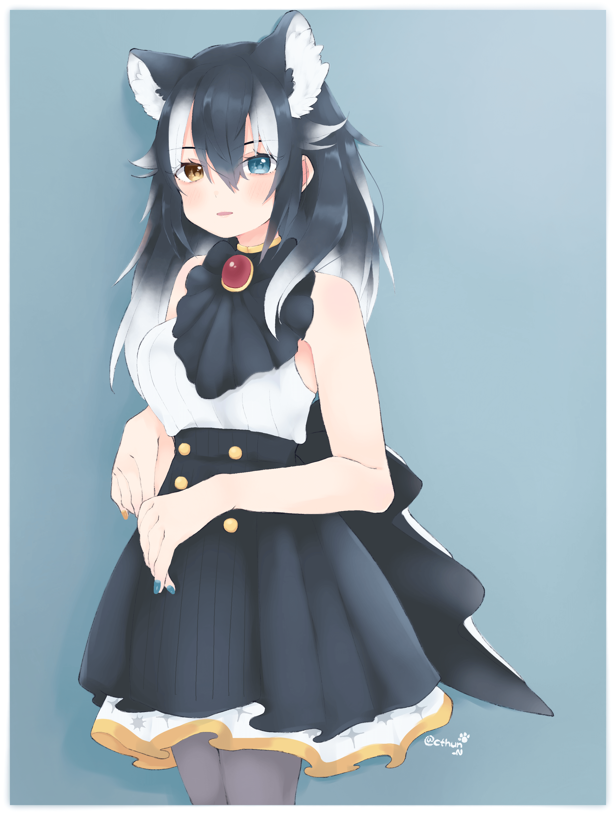 1girl absurdres animal_ears black_hair blue_eyes cthun_n dress extra_ears grey_background grey_wolf_(kemono_friends) heterochromia highres kemono_friends long_hair looking_at_viewer nail_polish pantyhose simple_background skirt sleeveless solo wolf_ears wolf_girl yellow_eyes