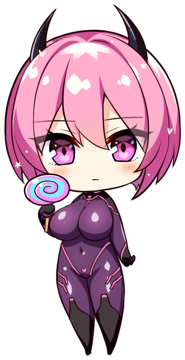1girl :| black_horns blush bodysuit breasts candy chibi chibi_only cleavage closed_mouth covered_navel demon_girl demon_horns derauea food game_cg heart holding holding_candy holding_food holding_lollipop horns impossible_bodysuit impossible_clothes large_breasts lollipop looking_at_viewer milk_factory motto!_haramase!_honoo_no_oppai_isekai_chou_ero_succubus_gakuen! navel non-web_source official_alternate_costume official_art pham pink_eyes pink_hair purple_bodysuit short_hair solo swirl_lollipop transparent_background
