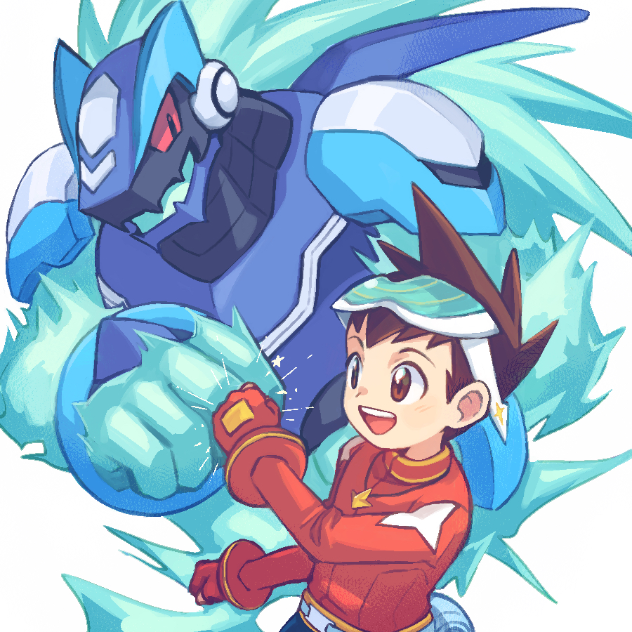 2boys blue_pants brown_eyes brown_hair fist_bump geo_stelar_(mega_man) gloves ishikoro1645 jacket looking_at_another male_focus mega_man_(series) mega_man_star_force_(series) multiple_boys omega-xis_(mega_man) open_mouth pants red_gloves red_jacket smile teeth upper_teeth_only