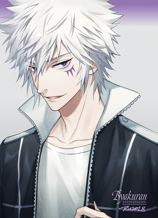 1boy byakuran character_name collar collarbone facial_mark grey_background high_collar katekyo_hitman_reborn! looking_at_viewer male_focus multicolored_background open_clothes open_mouth purple_background purple_eyes ru_(famia) shirt short_hair simple_background smile solo spiked_hair t-shirt uniform upper_body white_hair white_shirt