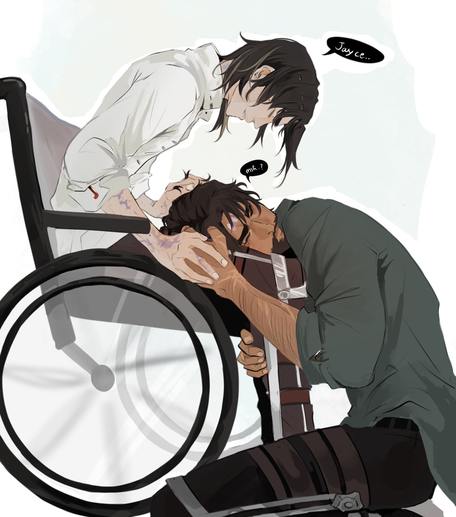 2boys ? arcane_survivor_jayce beard belt black_belt black_pants brown_hair character_name closed_eyes collared_shirt commentary dress_shirt english_commentary facial_hair frendraw grey_shirt hair_behind_ear hand_in_another's_hair highres holding_hands jayce_(league_of_legends) kneeling lap_pillow league_of_legends leg_brace male_focus medium_hair multiple_boys pants parted_lips scar scar_on_arm scar_on_face shirt simple_background sitting speech_bubble teeth thick_eyebrows viktor_(arcane) viktor_(league_of_legends) wheelchair white_background white_shirt yaoi