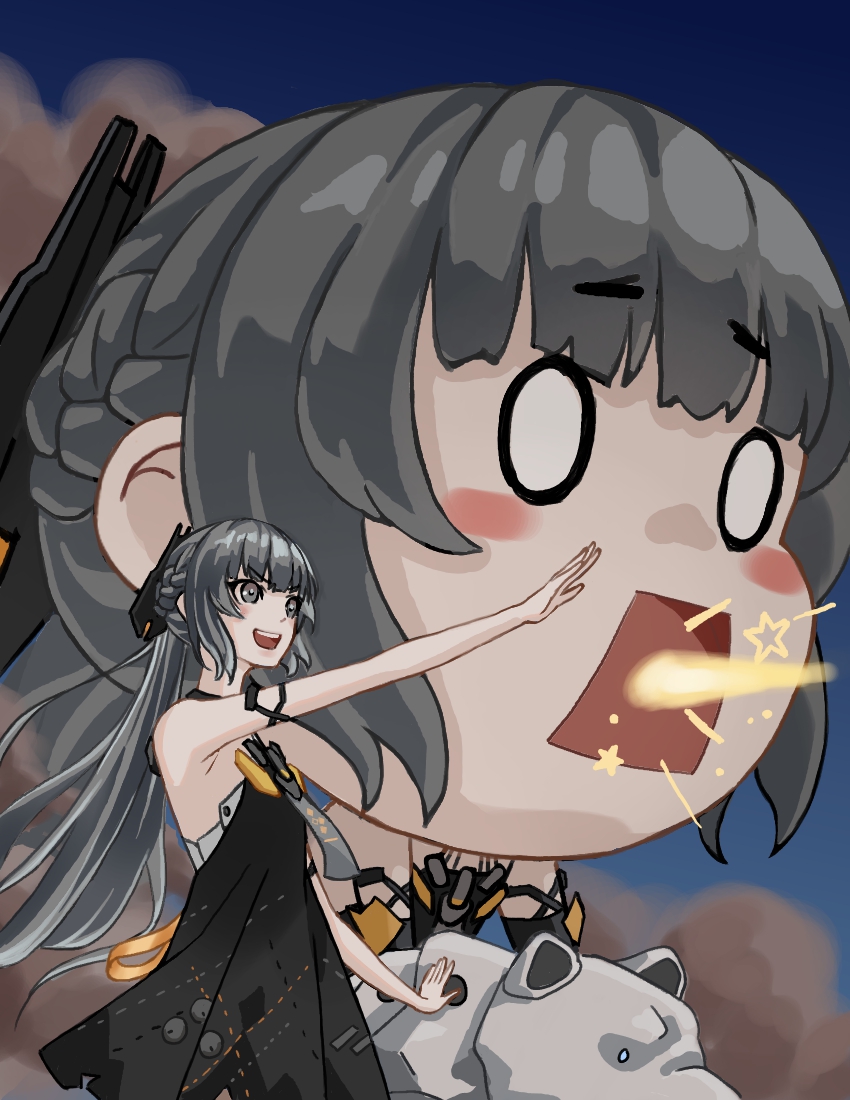 1girl 2others bare_arms bare_shoulders braid choker commentary_request dress flat_chest french_braid grey_dress grey_hair headgear kaze_no_tani_no_nausicaa long_hair martin_(pgr) multiple_others nanami:_pulse_(pgr) nanami_(pgr) non-humanoid_robot open_mouth parody ponytail punishing:_gray_raven robot scene_reference sidelocks teeth trashpanda_11b upper_teeth_only