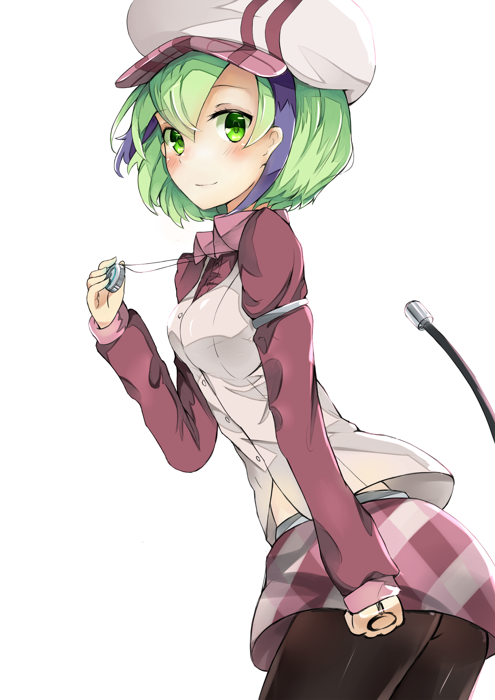 1girl android arm_at_side blush bob_cut breasts cable closed_mouth commentary_request dimension_w female_focus from_side green_eyes green_hair hair_between_eyes hand_up highres holding long_sleeves looking_at_viewer looking_to_the_side multicolored_hair nagiha_kuten pantyhose short_hair simple_background smile solo streaked_hair tail_raised twisted_torso two-tone_hair white_background white_headwear wing_collar yurizaki_mira