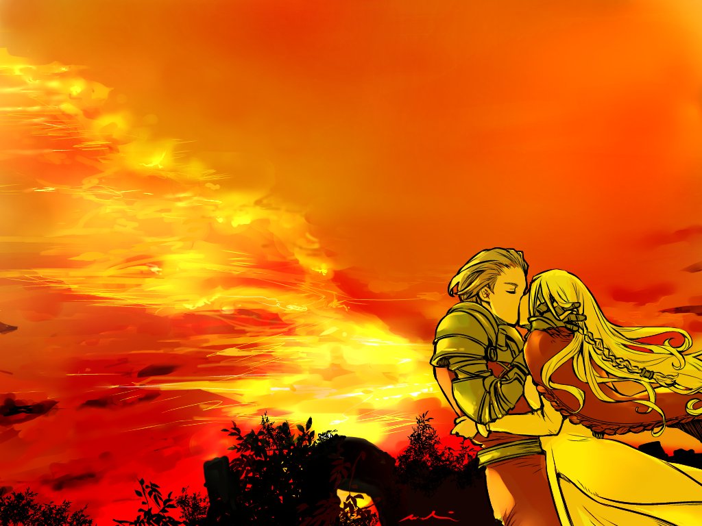 1boy 1girl armor braid brown_hair closed_eyes cloud couple dawn delita_heiral dress final_fantasy final_fantasy_tactics hand_on_another&#039;s_face hetero kiss long_hair mochi_(hanamaruudondesu) ovelia_atkascha red_robe robe ruins shoulder_pads sunset tree upper_body white_dress yellow_armor