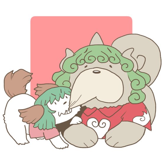 animalization curly_hair green_hair horns kasodani_kyouko kasodani_kyouko_(yamabiko) komano_aunn komano_aunn_(komainu) long_hair onikobe_rin pulling single_horn touhou