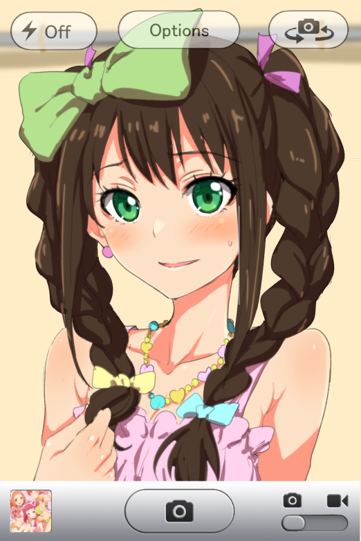 10s 1girl alternate_hairstyle blush bow braid brown_hair clearite earrings fake_phone_screenshot fake_screenshot female_focus green_eyes hair_bow hair_ribbon harumi_kajika harumi_sawara harumi_shinju idolmaster idolmaster_cinderella_girls jewelry long_hair looking_at_viewer necklace open_mouth pikapikapop ribbon shibuya_rin smile solo sweatdrop tokyo_7th_sisters twin_braids