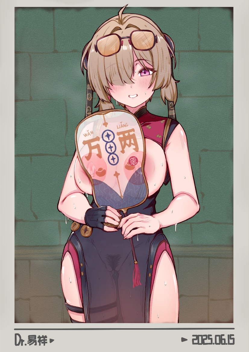 1girl ahoge artist_name bare_arms bare_shoulders black_dress black_gloves black_ribbon blush breasts breasts_out brick_wall brown_hair bun_cover china_dress chinese_clothes cowboy_shot dated dress eyes_visible_through_hair eyewear_on_head fake_photograph female_pubic_hair fingerless_gloves fingernails gloves gluteal_fold grin hair_between_eyes hair_intakes hair_over_one_eye hair_ribbon hand_fan hands_up holding holding_fan lactation large_areolae large_breasts looking_at_viewer low_twintails nipples no_panties parted_lips pelvic_curtain pubic_hair purple_eyes pussy red_dress ribbon see-through_clothes see-through_dress short_hair short_twintails single_fingerless_glove sleeveless sleeveless_dress smile solo standing sunglasses sweat sweety_(zenless_zone_zero) thigh_strap tinted_eyewear transparent_fan tuanshan twintails two-tone_dress yellow-tinted_eyewear yi_xiang_(pixiv12429066) zenless_zone_zero