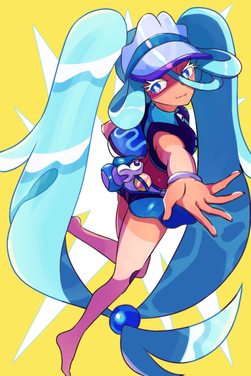 1girl aqua_hair bare_legs barefoot blue_eyes bracelet bright_pupils closed_mouth colored_eyelashes commentary_request eyelashes from_side hair_between_eyes hair_rings haruki_sparsa hatsune_miku heal_ball highres jewelry long_hair nintendo outstretched_hand poke_ball pokemon potion_(pokemon) project_voltage smile solo swimsuit tan tanline twintails visor_cap vocaloid water_miku_(project_voltage) white_pupils yellow_background zipper_pull_tab