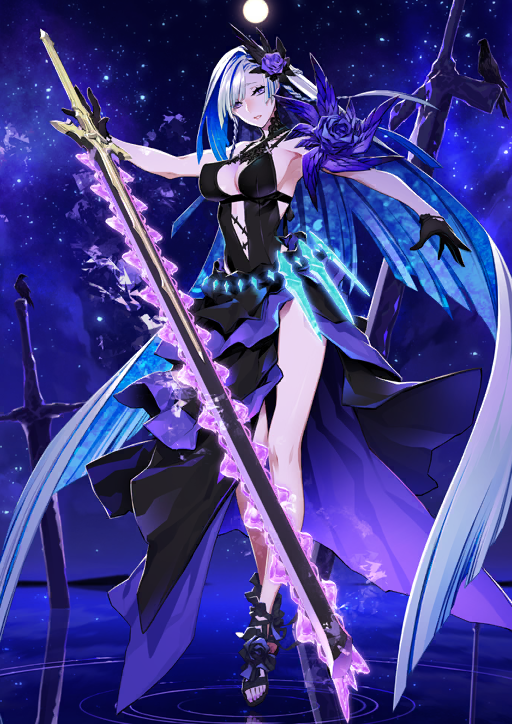 1girl aqua_hair armband bare_shoulders bird black_bird black_dress black_gloves black_sandals blue_background blue_hair blue_sky braid breasts brynhild_(fate) brynhild_(swimsuit_berserker)_(fate) brynhild_(swimsuit_berserker)_(second_ascension)_(fate) cleavage cleavage_cutout clothing_cutout colored_inner_hair crossed_ankles dress fate/grand_order fate_(series) floating_clothes floating_hair flower full_body full_moon game_cg gloves hair_flower hair_ornament halterneck hands_up head_tilt high_collar holding holding_sword holding_weapon huge_weapon lace layered_dress lips long_dress long_hair looking_at_viewer medium_breasts miwa_shirow moon multicolored_hair navel_cutout night night_sky official_art outstretched_arms parted_lips purple_dress purple_flower purple_nails ripples sandals side_slit sideboob single_bare_leg sky solo star_(sky) starry_sky swept_bangs sword third-party_source toenails toes two-tone_dress variant_set very_long_hair weapon