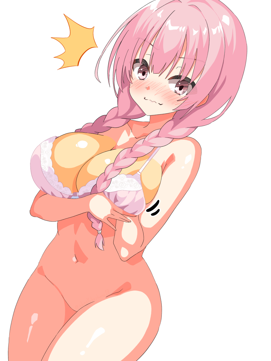 1girl ^^^ arm_under_breasts blush bottomless bra braid breast_padding closed_mouth collarbone commentary_request completely_nude cowboy_shot dutch_angle embarrassed groin hair_between_eyes highres lace lace-trimmed_bra lace_trim long_hair looking_at_viewer mitsukasa_ayase navel nose_blush nude official_alternate_hairstyle pink_bra pink_eyes pink_hair riddle_joker simple_background solo split_mouth surprised thighs twin_braids underwear v-shaped_eyebrows wavy_mouth white_background yokoshima_akunusu