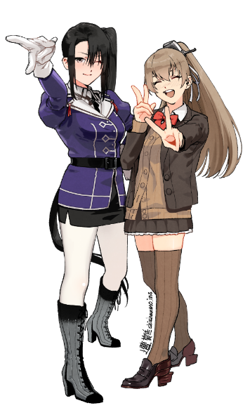 2girls black_hair black_skirt blazer boots bow bowtie brown_cardigan brown_eyes brown_hair brown_jacket brown_skirt brown_thighhighs cardigan double_v gyaru_v jacket kantai_collection kumano_(kancolle) kumano_kai_ni_(kancolle) lace-up_boots long_hair military_uniform multiple_girls nachi_(kancolle) nachi_kai_ni_(kancolle) open_mouth pantyhose pencil_skirt pleated_skirt ponytail purple_jacket red_bow red_bowtie round_teeth shishanmo side_ponytail simple_background skirt teeth thighhighs upper_teeth_only v white_background white_pantyhose