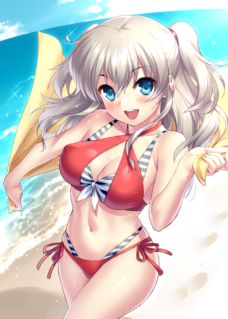 1girl beach bikini blue_eyes blue_sky breasts charlotte_(anime) cleavage cloud commentary_request cowboy_shot criss-cross_halter day front-tie_top halterneck horizon layered_bikini long_hair looking_at_viewer medium_breasts navel ocean open_mouth outdoors red_bikini round_teeth side-tie_bikini_bottom silver_hair sky smile solo striped_bikini striped_clothes swimsuit teeth tomori_nao towel two_side_up upper_teeth_only waves zen