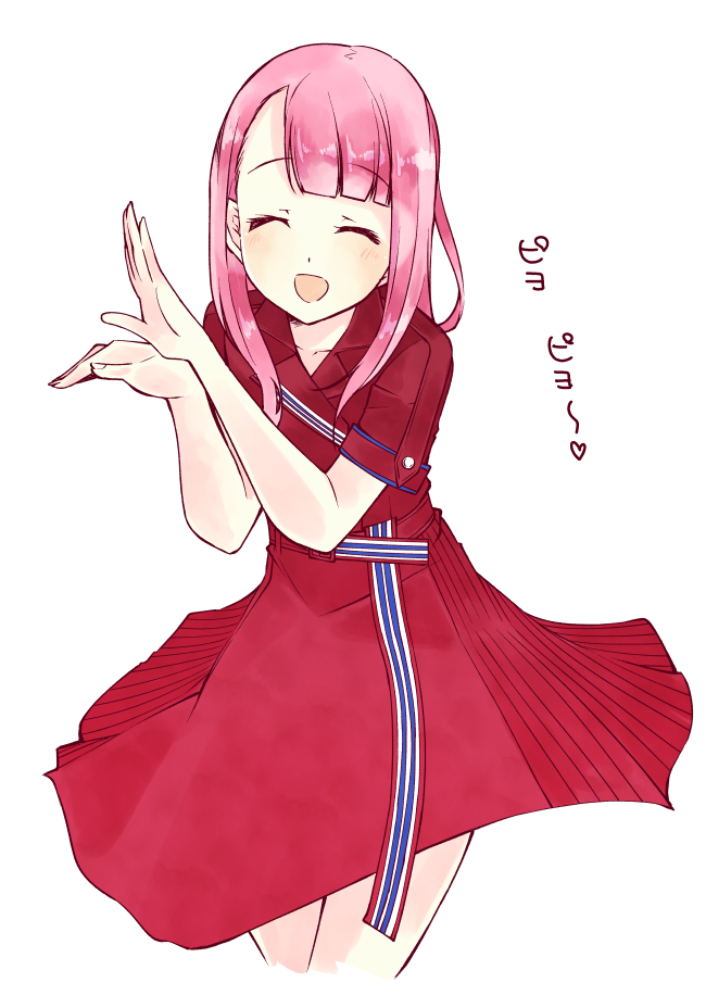 1girl 22/7 :d ^_^ asymmetrical_bangs belt blunt_bangs closed_eyes collarbone cropped_legs dress kamiki_mikami long_hair nani_mo_shiteagerarenai open_mouth pink_hair pleated_dress red_dress short_sleeves simple_background smile solo trefle_r white_background