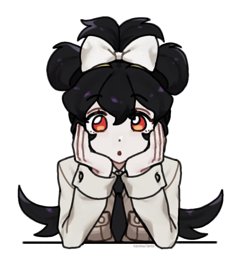 1girl alternate_hairstyle ayaanalien02 black_hair bow chestnut_mouth dot_nose filia_(skullgirls) hair_bow hair_up hands_on_own_cheeks hands_on_own_face long_hair necktie open_mouth red_eyes school_uniform skullgirls solo upper_body