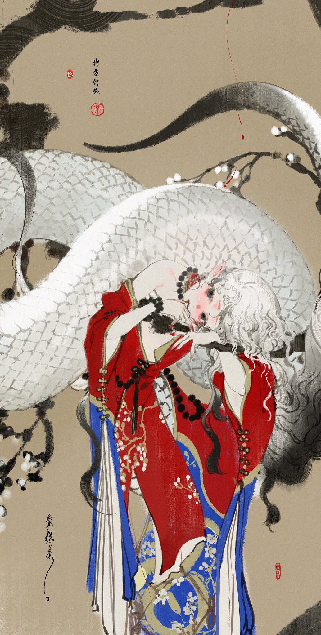 1girl black_eyes black_hair blush bracelet branch chinese_clothes fine_art_parody floral_print flower gradient_hair highres jewelry kurikabacha lamia long_hair looking_at_viewer monster_girl multicolored_hair necklace nihonga original parody partially_undressed pointy_ears red_robe robe snake solo wavy_hair white_hair