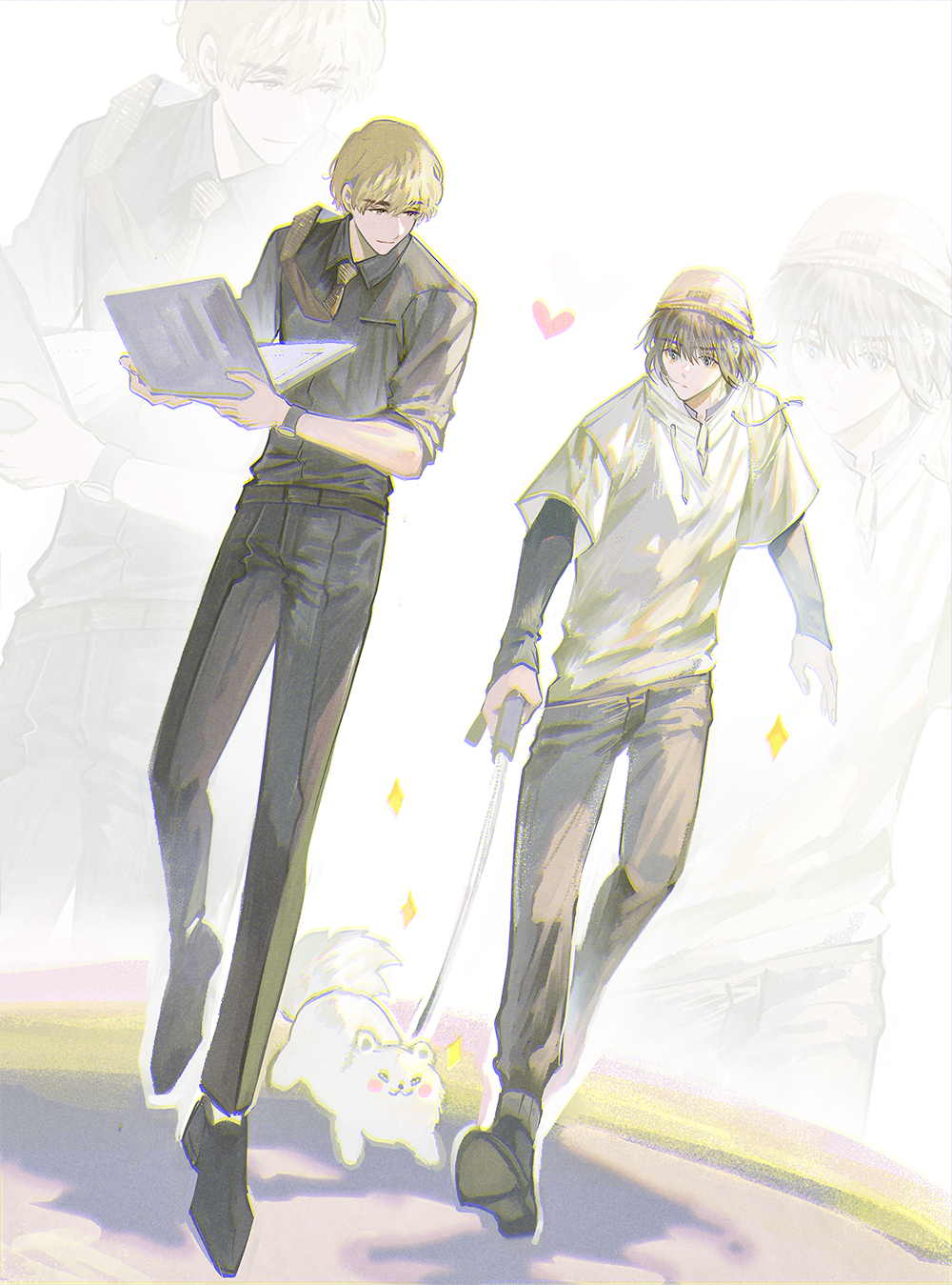 2boys beanie black_hair black_pants black_shirt blonde_hair collared_shirt dog full_body hat heart highres holding holding_paper hood hoodie long_sleeves looking_at_another male_focus multiple_boys original pants paper shirt short_hair short_sleeves simple_background walking white_background yaoi yinzinmiemie zoom_layer