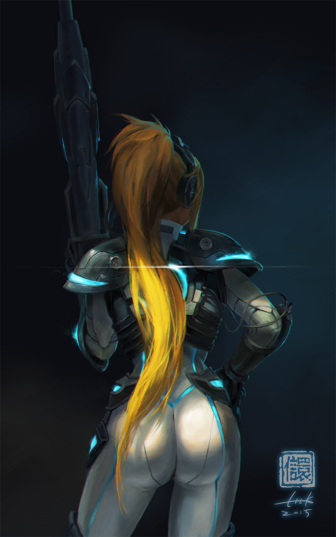 1girl ass blonde_hair bodysuit cable elbow_pads from_behind ghost_(starcraft) gun hand_on_own_hip headphones heroes_of_the_storm kan_liu_(666k) long_hair neon_trim nova_(starcraft) ponytail rifle science_fiction shoulder_pads skin_tight sniper_rifle solo starcraft weapon wireless