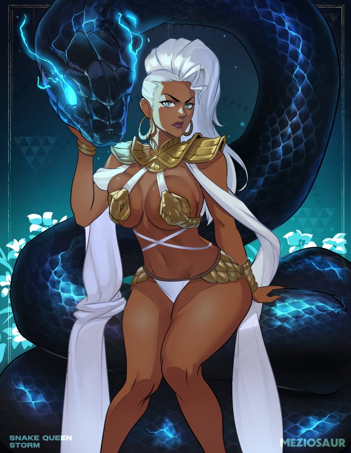 1girl ahoge animal armor artist_name blue_eyes breasts dark-skinned_female dark_skin electricity giant_snake hand_on_animal large_breasts long_hair looking_at_viewer marvel marvel_rivals meziosaur navel oversized_animal shoulder_armor snake storm_(x-men) thunder very_long_hair white_hair x-men