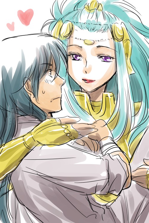 1boy 1girl armor assertive_female bandaged_arm bandages black_hair blue_hair carrying carrying_person dragon_shiryuu embarrassed fingerless_gloves gemini_paradox gloves gold_armor gold_saint hairu_(690n) heart hetero light_blush light_smile long_hair long_sleeves looking_at_another pants ponytail princess_carry purple_eyes red_lips reverse_princess_carry saint_seiya saint_seiya_omega shirt sweat white_pants white_shirt