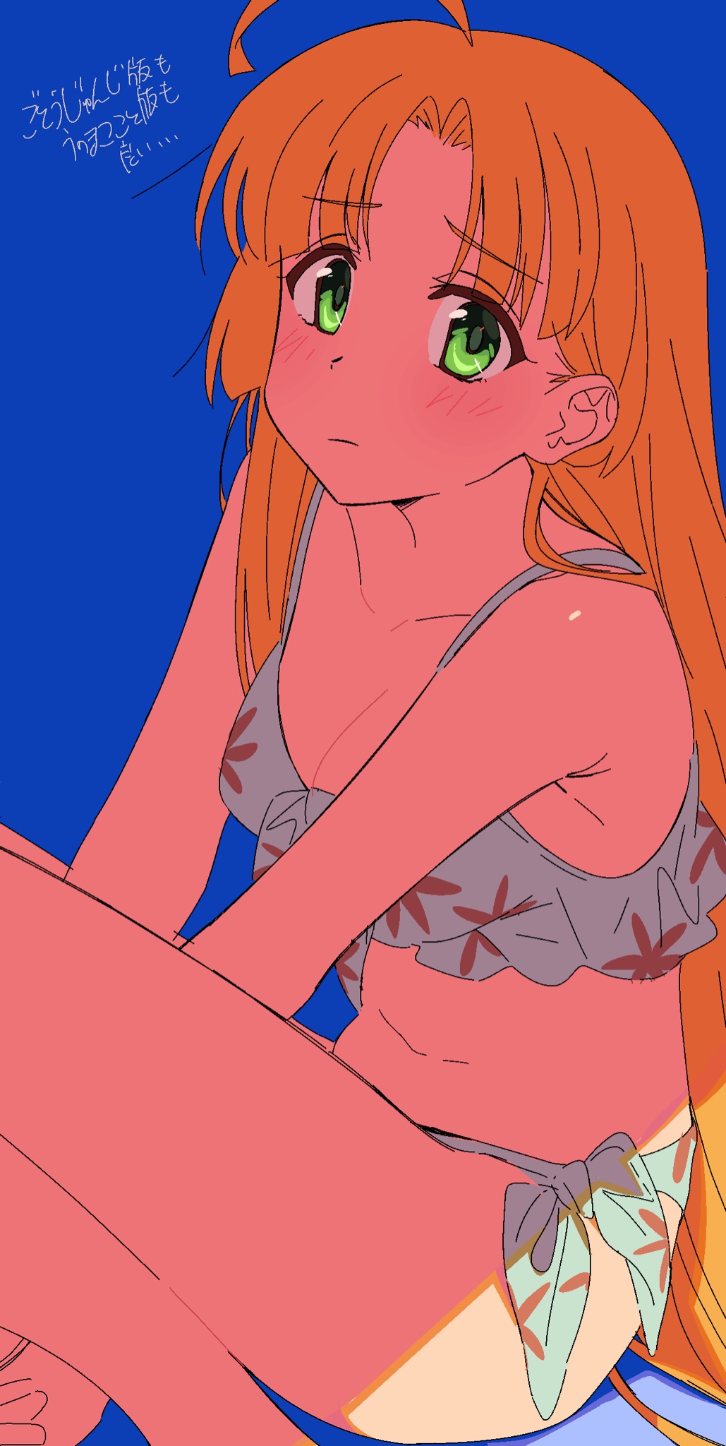 1girl ahoge asia_argento bad_id bad_twitter_id between_legs bikini blonde_hair blue_background breasts cleavage closed_mouth female_focus floral_print green_eyes hand_between_legs high_school_dxd highres inactive_account kerorira knees_up long_hair looking_at_viewer medium_breasts parted_bangs print_bikini sitting solo swimsuit translation_request white_bikini