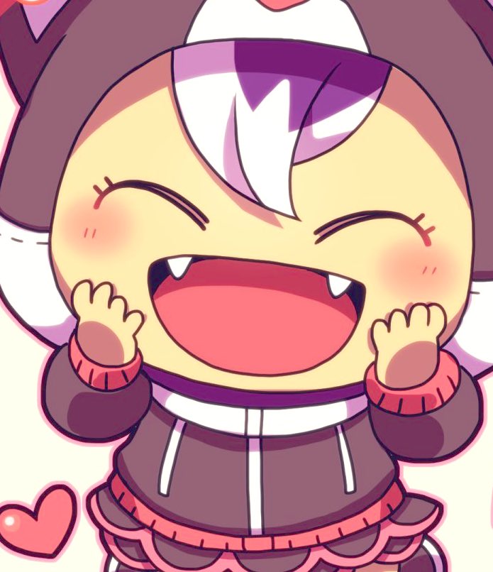1girl animal_hood black_jacket black_skirt blush cat_hood closed_eyes dragon_quest dragon_quest_x eyelashes fangs hair_between_eyes hands_on_own_face happy heart hood jacket kotorai long_sleeves open_mouth outline pink_outline puklipo simple_background skirt solo white_background