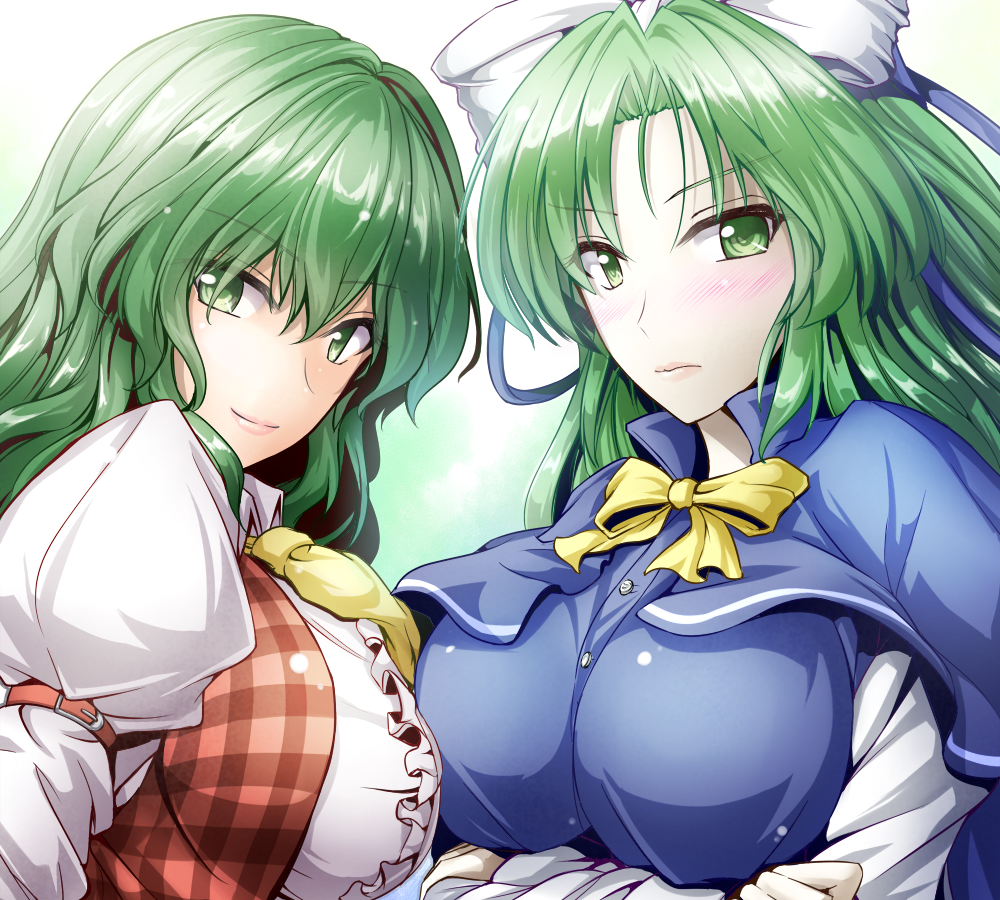 &gt;:) 2girls arm_garter ascot blush bow bowtie breast_hold breast_press breasts buttons capelet closed_mouth collared_shirt crossed_arms dress_shirt green_eyes green_hair hair_bow hair_intakes juliet_sleeves kazami_yuuka large_breasts long_hair long_sleeves looking_at_viewer looking_to_the_side mima_(touhou) multiple_girls open_clothes open_vest plaid_clothes plaid_vest puffy_sleeves shirt smile stage_connection symmetrical_docking touhou touhou_(pc-98) trait_connection upper_body v-shaped_eyebrows vest white_bow y2 yellow_bow yellow_bowtie