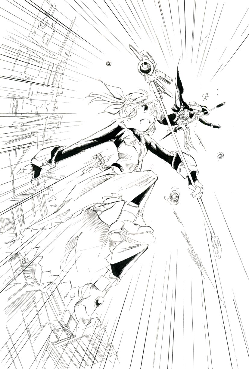10s 2girls fate_testarossa fate_testarossa_(movie_1st_form) highres jason_(kaiten_kussaku_kikou) long_hair lyrical_nanoha mahou_shoujo_lyrical_nanoha mahou_shoujo_lyrical_nanoha_the_movie_1st monochrome multiple_girls open_mouth raising_heart raising_heart_(device_mode)_(1st) takamachi_nanoha takamachi_nanoha_(movie_1st_mode)