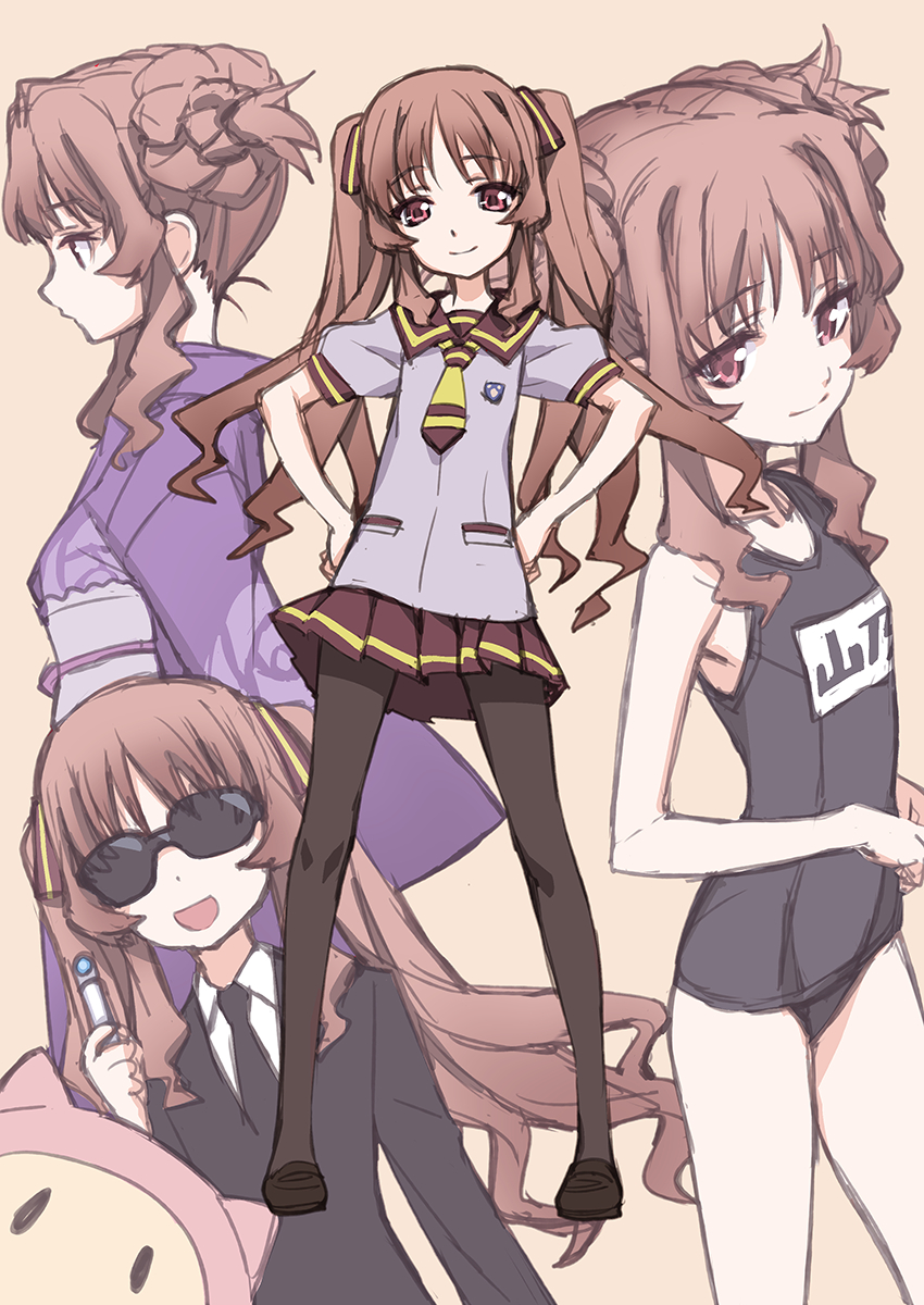 10s 1girl :d ano_natsu_de_matteru bad_id bare_shoulders black_pantyhose brown_hair female_focus formal_clothes glasses hair_ribbon hair_up hands_on_own_hips highres j.c.staff japanese_clothes kimono long_hair looking_at_viewer matsuryuu men_in_black necktie neuralyzer obi old_school_swimsuit one-piece_swimsuit open_mouth pantyhose petite pleated_skirt red_eyes ribbon rinon_(ano_natsu_de_matteru) sash school_swimsuit school_uniform sketch skirt smile solo suit sunglasses swimsuit twintails yamano_remon