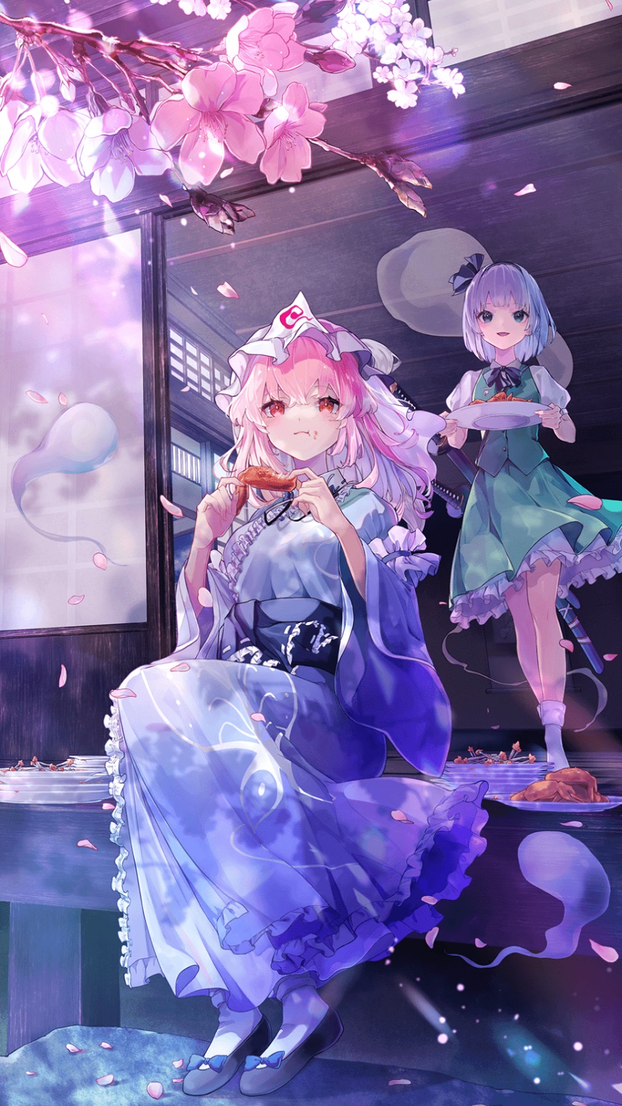 2girls artist_request black_ribbon black_shoes blue_kimono blue_sash breasts cherry_blossoms chicken_wing eating flower food food_on_face frilled_shirt_collar frills game_cg green_eyes green_skirt green_vest grey_hair hair_between_eyes hat highres hitodama holding holding_food holding_plate japanese_clothes kimono konpaku_youmu konpaku_youmu_(ghost) large_breasts long_hair long_sleeves looking_at_viewer mob_cap multiple_girls neck_ribbon obi official_art pink_flower pink_hair plate puffy_short_sleeves puffy_sleeves red_eyes ribbon saigyouji_yuyuko sash shirt shoes short_hair short_sleeves skirt socks sword sword_on_back third-party_source touhou touhou_arcadia_record triangular_headpiece vest weapon weapon_on_back white_shirt white_socks