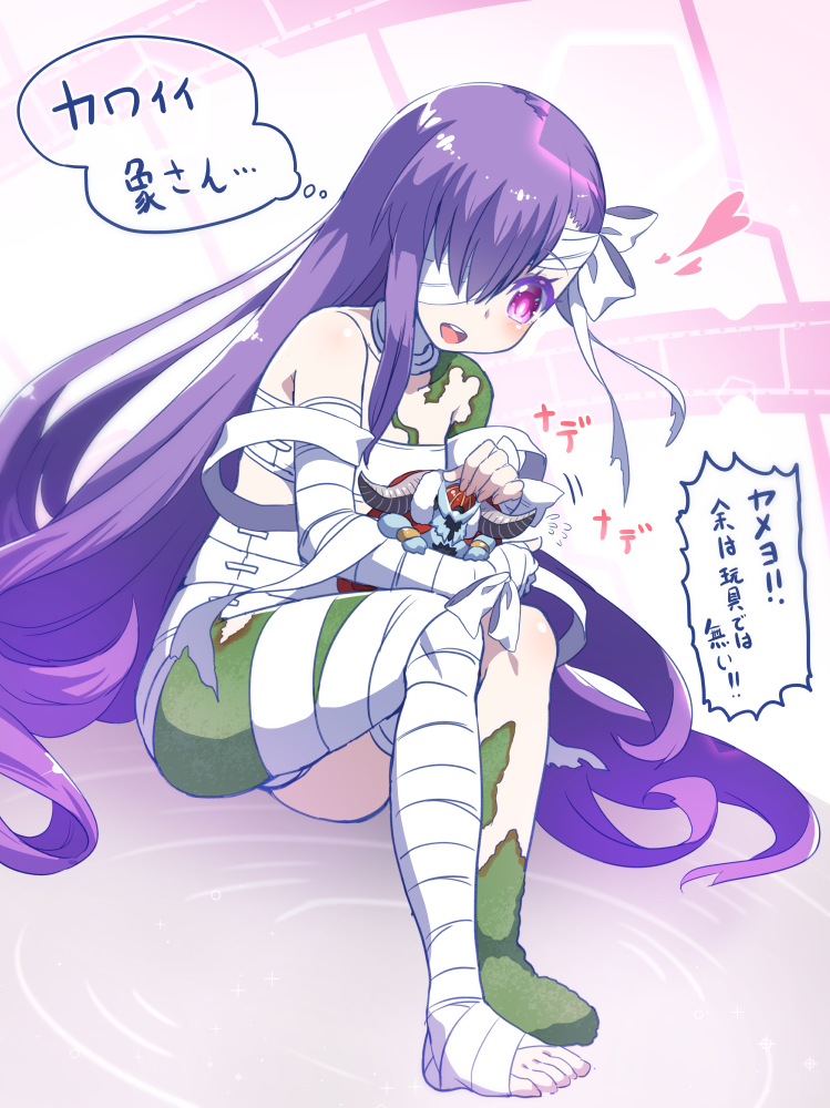 1boy 1girl bandaged_arm bandaged_head bandaged_leg bandages comic commentary_request fate/extra fate/extra_ccc fate/extra_ccc_fox_tail fate/grand_order fate_(series) flying_sweatdrops giant giantess hair_over_one_eye hand_on_another&#039;s_head heart horns hug ivan_the_terrible_(fate) kingprotea_(fate) long_hair matsumoto_tomoyohi moss one_eye_covered open_mouth purple_eyes purple_hair sarashi sidelocks sitting smile speech_bubble thought_bubble toes translation_request