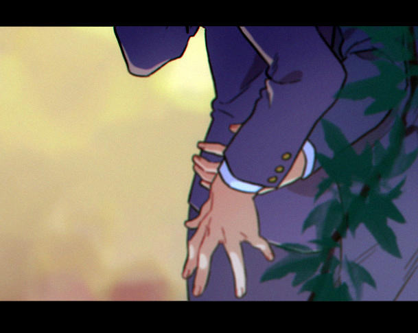 2boys alternate_costume blue_jacket blue_pants buttons day dio_brando from_behind hand_on_another&#039;s_waist honlo jacket jojo_no_kimyou_na_bouken jonathan_joestar male_focus multiple_boys outdoors pants phantom_blood plant yaoi